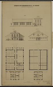 216543 Opstanden van de gevels en plattegronden van de begane grond en de eerste verdieping van het ontwerp voor een ...